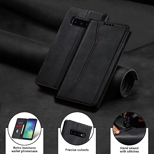 Image of Jasonyu Flip Wallet Case for Samsung Galaxy S10 Plus,Leather Magnetic Folio Cover with Card Holder,Kickstand - TPU Shockproof Durable Protective Phone Case,Black
