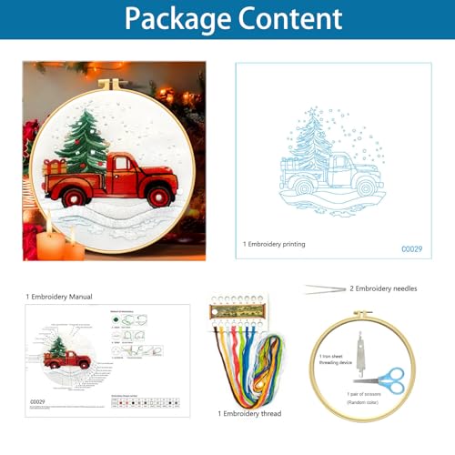 Image of Zhenqing Christmas Red Truck Embroidery Kit for Beginners, Tree and Gifts Needlework Kit with Pre-Printed Fabric, Hoop, Threads & Tools (C0029)