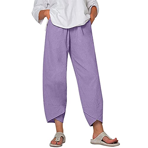 Image of Cotton Linen Capri Pants for Women 2025 Casual Printed Cropped Palazzo Pants Elastic Waist Lounge Baggy Trousers