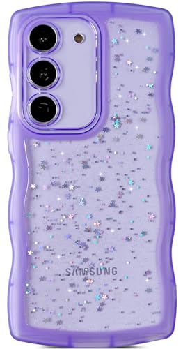 Qokey for Galaxy S22 5G Case 6.1",Curly Wavy Anti-Slip Grip Design Transparent Bling Glitter Star Shiny Case Cute Clear Sparkly Bumper Protection Soft Phone Cover Case for Women Girls,Purple