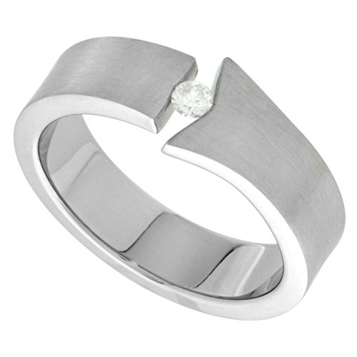 Surgical Stainless Steel 6mm CZ Wedding Band Ring Tension Set Flared End Matte Finish sizes 8-14