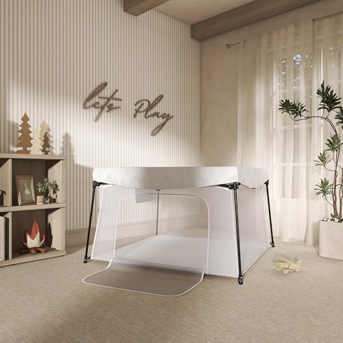 Image of Dream On Me Ziggy Playpen Only, Soft Base, Portable, 43.3in, Dove White | Soft padded base, non-cross frame, foldable iron frame, 210D nylon, Ages 6-36mo, 30lbs, ASTM certified, Quick setup.