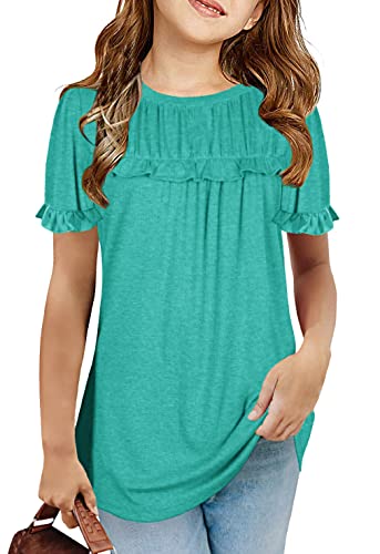 Haloumoning Girls Cute Short Sleeve Tunic Tops Casual Loose Ruffle T Shirts Kids Summer Soft Blouses Size 4-15 Years