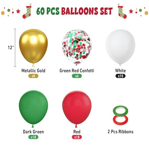 Image of FunHot Christmas Balloons, 60 Pcs Red Green Gold Balloons, 12 Inch Red Green Confetti Balloons Metallic Gold Helium Balloons White Latex Balloons for Happy New Year Merry Christmas Party Decorations