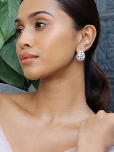 Image of Rubans Rhodium-Plated Cubic Zirconia Cluster Design Statement Hoop Earrings
