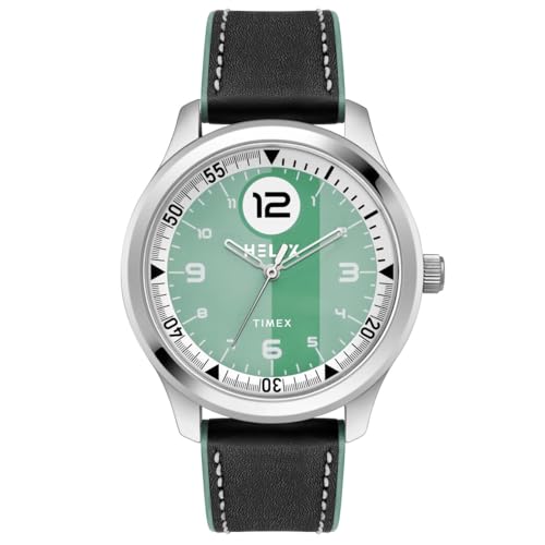 Helix by Timex Analog Watch for Man with Green Round Dial & Black Leather Strap Band Water Resistant Men's Wrist Watches - TW043HG25