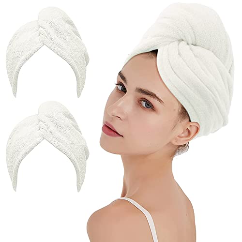 2 Pack Microfiber Hair Towel Wrap AUMA Super Absorbent Twist Turban for Women Fast Drying Hair Caps with Buttons for Drying Curly, Long & Thick Hair Anti Frizz (Cream)