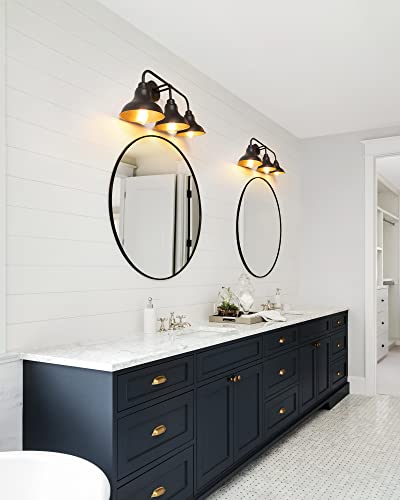 Image of 25.2-Inch 3-Light Farmhouse Vanity Light Over Mirror, Matte Black | Rustic industrial style, metal frame, 3 E26 sockets, 60W max, dimmable, no bulbs, wall sconce for bathroom mirror, bedroom