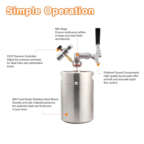 Bierzapfanlage 5 Liter Bierfass Set – 304 Edelstahl Partyfass mit CO₂ Druckregler & Feststehendem Zapfhahn – Auslaufsicher, Tragbar & Leicht zu Reinigen – Perfekt für Heimgebrauch & Camping