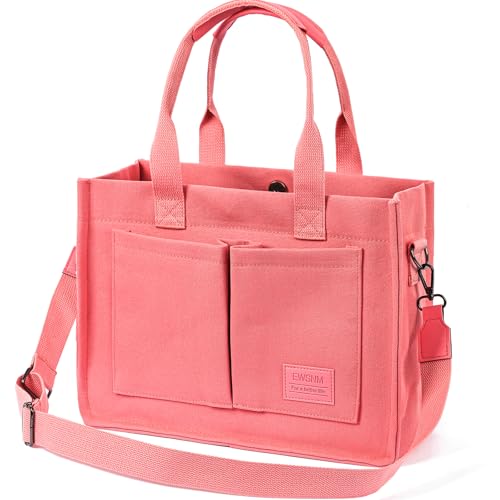 EWSNM Canvas Tote Bag for Women, Large Laptop Travel Tote Handbag Totes with Crossbody Shoulder Teachers Reusable Grocery Bags - Magenta