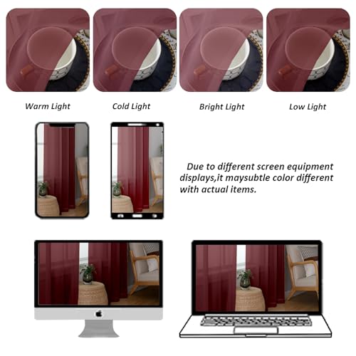 Image of Chyhomenyc Burgundy Sheer Valance for Windows, 42Wx12L, 2 Pack | Light Filtering Voile Soft Airy Topper Small Window Treatment Rod Pocket, Living Room Bedroom Laundry Basement