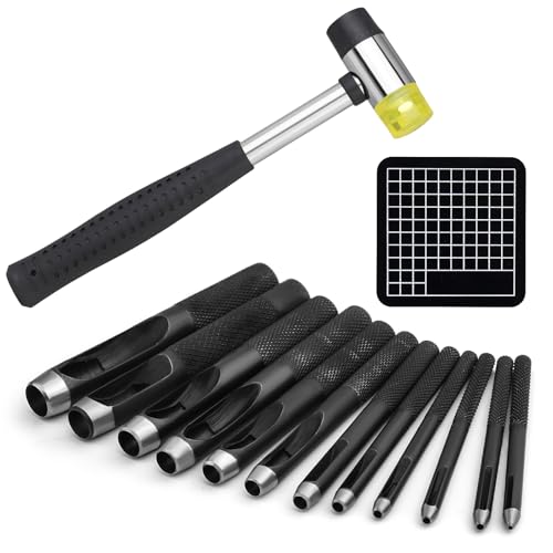 SUVSOON Hollow Hole Punch Set(1.0-10mm), 12 Sizes Leather Punch Tool with Carving Hammer And Cutting Mat, Round Hole Punch for Belts Wristband, Hole Punch Set for Leather DIY