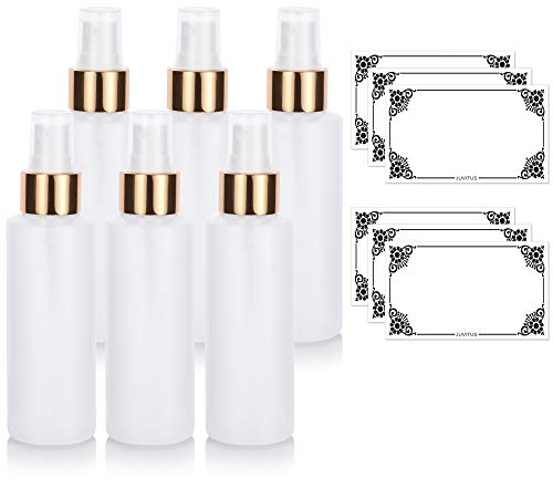 Clear Natural Refillable Plastic Squeeze Bottle with Gold Fine Mist Sprayer - 4 oz Set (6 pack) + Labels
