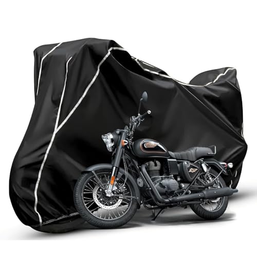 Image of Waterproof Bike Body Cover Compatible with RE Bullet Dustproof Scratchproof - Motorcycle Cover for Two Wheeler, Outdoor Full Cover with UV, Duty, Rain Protection (Black & White)
