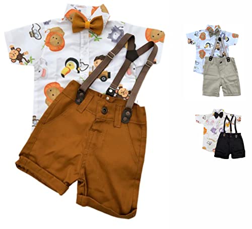 Safari Zoo Kit Roupa Conjunto Infantil Menino 4 Peças Camisa Gravata Bermuda e Suspensório Aniversár