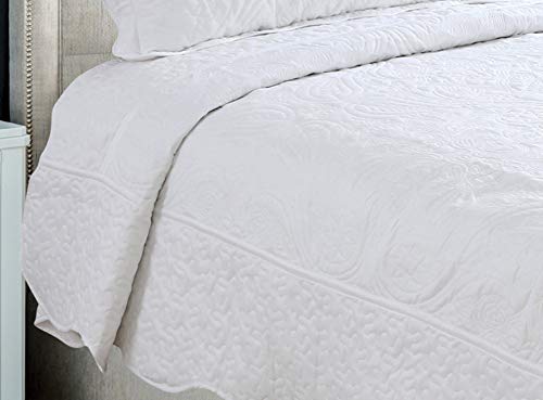 Marina Decoration Embroidered Stitching Coverlet Bedspread Ultra Soft Solid 3 Piece Summer Quilt Set With 2 Quilted Shams, White Floral Paisley Pattern King Size #TOP3