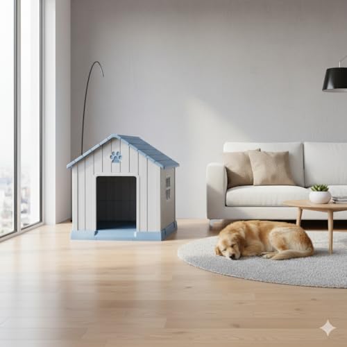 Image of Vizamoplast Paw Villa Medium Dog House | Premium PP Plastic Dog Kennel for Indoor & Outdoor Use | Weatherproof, UV Resistant, Water & Mildew Proof | Easy DIY Assembly | Ventilated | Easy Clean