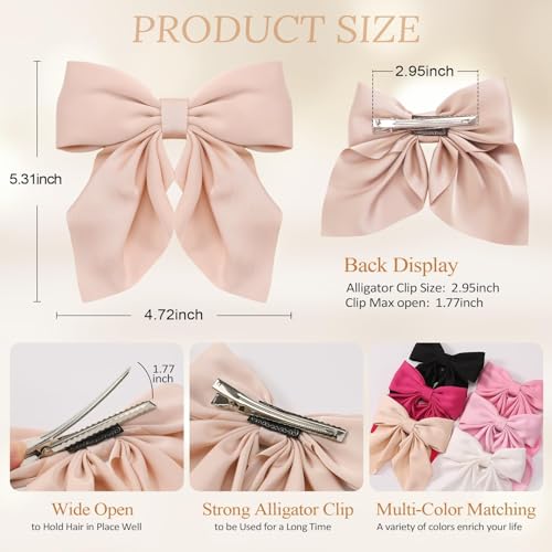 6Pcs Hair Bows for Women, Bow Hair Clips, Silky Satin Hair Bows for Girls, Pink Hair Ribbon, Cute Bow Clips for Women, Hair Accessories Gifts