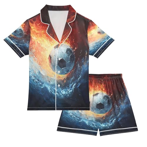 ALAZA Football Water Fire Satin Pajamas Set Short Sleeve Button Down Sleepwear Summer Pjs 2 Piece