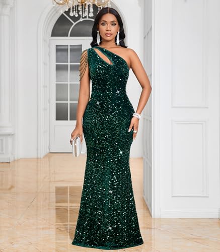 Image of Cololura Women Sequin Elegant Sexy One Shoulder Tassel Mermaid Bodycon Cocktail Evening Dress