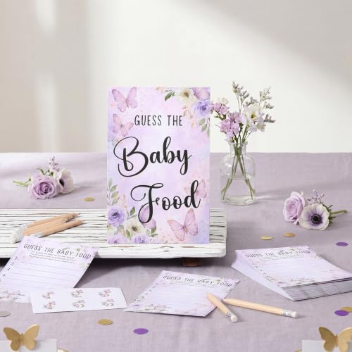 Jutom 67 Pcs Guess the Baby Food Game Purple Butterfly Baby Shower Games Set 1 Standing Sign 50 Answer Cards 10 Pencils 6 Number Stickers for Gender Reveal Party Decoration Supplies by Jutom - Used condition - Image 4