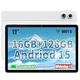 Tablet Android 15 11 Pollici, 16GB RAM + 128GB ROM Espandibile fino a 1TB, Batteria 6800mAh, Display HD IPS 1280×800, WiFi 6, Bluetooth 5.3, Octa-Core, Fotocamera Doppia 5MP+8MP, Widevine L1, Bianco