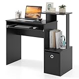 Tangkula Computer Desk with Fabric Drawer & Keyboard Tray, Space-Saving Study Writing Desk with Open Storage Shelves & Printer Stand, Modern Home Office Computer Workstation for Small Spaces (Black)