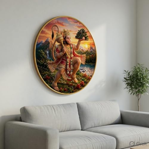 Image of SAF Lord Hanuman Wall Painting with PVC Round Frame | Sparkle Laminated Bajrangbali Carrying Sanjivani Parvat Artwork | Hindu Spiritual Wall Decor for Home Temple Living Room Gift