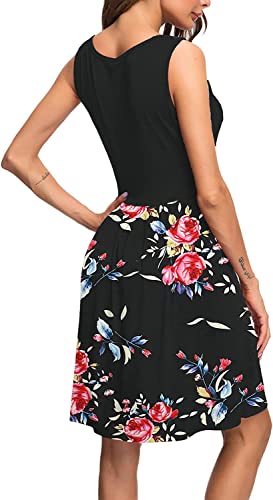Todolor Women's Sleeveless Sundress Swing Casual Print Floral Pleated Dress With Pockets Knee Length L #TOP2