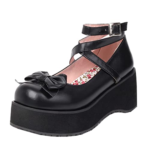 Betastella Women's Cute Platform Mary Janes Wedges Heels Round Toe Cross Ankle Strap Goth Pumps with Bow