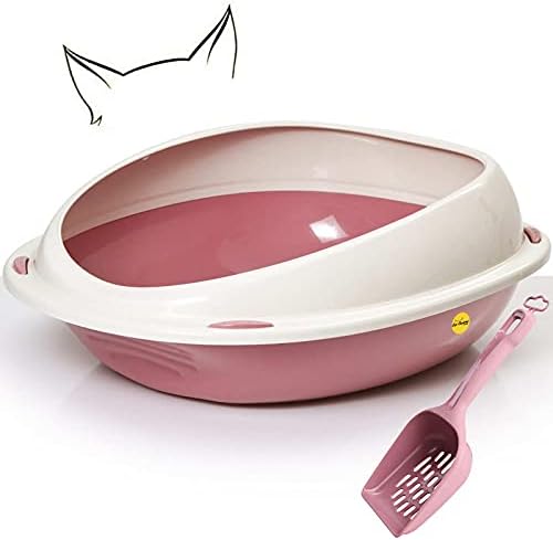 Grey Large Cat Open Litter Tray With Rim +Litter Scoop Bundle Kitten Pet Toilet Plastic Loo Pan Box Set Anti-Spillage Lowered Entry Step Rounded Corners Detachable Rim Easy Cleaning CatCentre®
