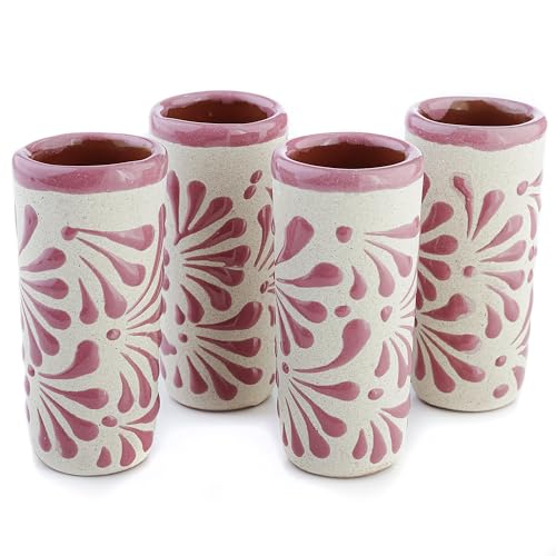 MEXTEQUIL - Handcrafted Ceramic Shot Glasses, White Floral Pattern, Terracotta Interior, Set of 4, Traditional Mexican Design (Pink Floral Pattern)
