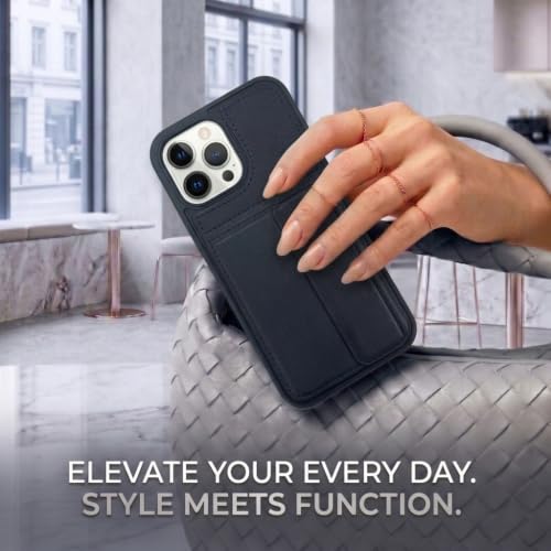 Image of amazon basics Luxury Vegan Leather Back Cover for iPhone 16 Pro Max | Built-in Card Holder Slot | Integrated Mobile Stand | Slim Shockproof Protective Case with Stitched Finish - Blue