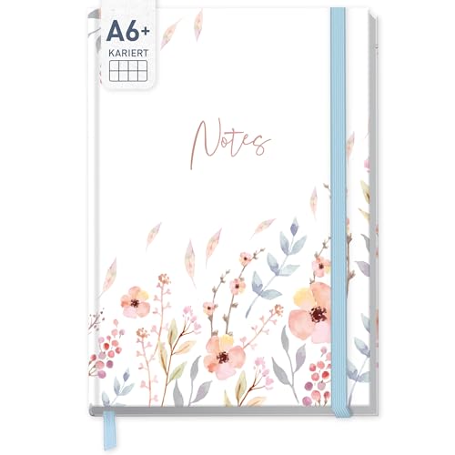 paper&you® Notizbuch kariert A6+ mit Gummiband Sweet Flowers mit 156 Seiten, 78 Blatt - Notizheft, Journal, Tagebuch - nachhaltig & klimafreundlich