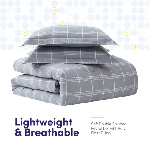 7 Piece Comforter Set Bag Solid Color All Season Soft Down Alternative Blanket & Luxurious Microfiber Bed Sheets, Full, Gray Plaid