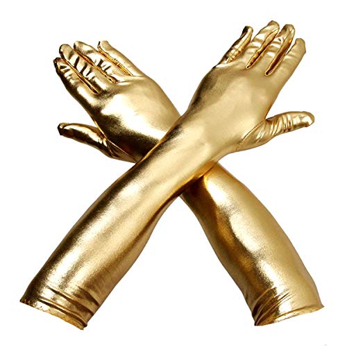 Lobagve Van Caro Women Shiny Metallic Elbow Length Gloves Elastic Stain Opera Gloves, Gold