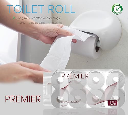 Image of Premier 3 Ply Toilet Tissue Roll (9600 Pulls) | 300 Pulls x 32 Rolls | Biodegradable, Clog Free, Flushable, Easy to Tear | Extra Absorbent Toilet Paper Roll for Home, Office, Bathroom Tissue