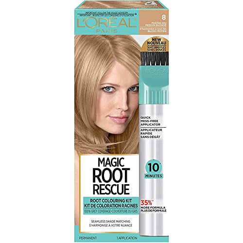 L'Oreal Paris Magic Root Rescue 10 Minute Root Hair Coloring Kit, Permanent Hair Color with Quick Precision Applicator, 100 percent Gray Coverage, 8 Medium Blonde, 1 kit (Packaging May Vary)