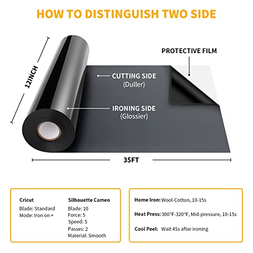 Vinylrus Heat Transfer Vinyl-12” X 35Ft Black Iron On Vinyl Roll For Shirts, Htv Vinyl For Silhouette Cameo, Cricut, Easy To Cut & Weed #TOP5