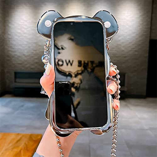 Espumoso Cute Case For Iphone 13 Pro Max, 3D Cartoon Case Silver Bear Sparkle Bling Cover With Metal Chain Strap Bell Pendant, Fashion Plating Soft Tpu Shockproof, Suitable For Women & Girls #TOP6