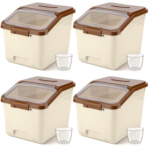 Blushtier 4 Pack Large Rice Storage Containers 30 Lbs Airtight Flour Container with Seal Locking Lid and Measuring Cup Kitchen Dry Food Storage Bins for Cereal Sugar Beans(Khaki)