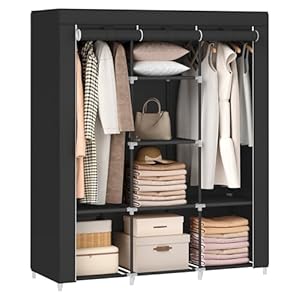 SONGMICS Portable Closet, 51.2 Inch Large Capacity Wardrobe Closet Organizer with Fabric Cover, Hanging Rods and Shelves, 51.2 x 17.7 x 66.1 Inches, for Bedroom, Living Room, Ink Black URYG096B01