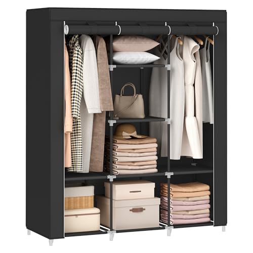 SONGMICS Portable Closet, 51.2 Inch Large Capacity Wardrobe Closet Organizer with Fabric Cover, Hanging Rods and Shelves, 51.2 x 17.7 x 66.1 Inches, for Bedroom, Living Room, Ink Black URYG096B01