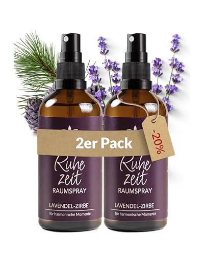 Heldengrün® Kissenspray zum Einschlafen 'Ruhezeit' [ECHTE BIO-ÖLE] Dermatologisch getestet - Kopfkissenspray mit Bio-Lavendel & Zirbe - Schlafwohl Kissenpray - 2 x 100 ml