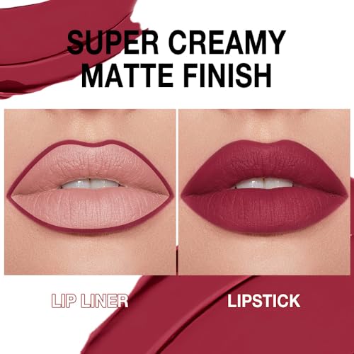 Image of Kaely Plum Red Gradient Matte Lipstick Lip Liner Pencil for Women, 2in1 Flawless Contour Gradual Ombre Effect Lip Pencil Makeup Waterproof, labiales mate 24 horas originales, 02