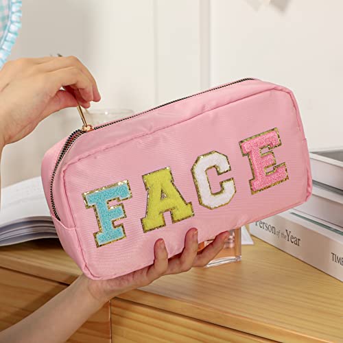 Dyshayen Nylon Cosmetic Bag Preppy Face Care Makeup Bag For Women Travel Toiletry Organizer With Chenille Letter Patches (Pink-Face) #TOP4