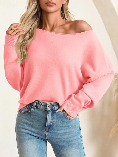Image of Saodimallsu Womens Off The Shoulder Sweater Boat Neck Batwing Sleeve Knit Pullover 2025 Cute Casual Trendy Jumper Tops