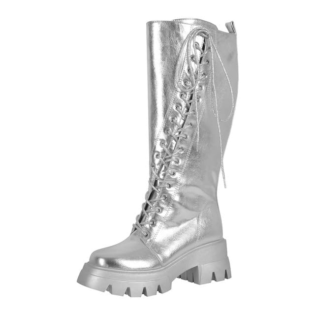 KISTANIA Knee High Platform Boots For Women Chunky Heel Lace Up Combat Boots