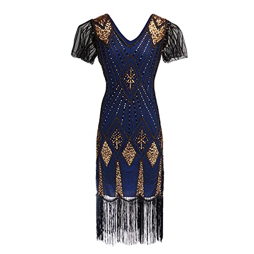 Xfang Women's Flapper Dresses 1920s Art Deco Fringed Sequin Dress Vintage Gatsby Prom Cocktail Dress (S, Blue)