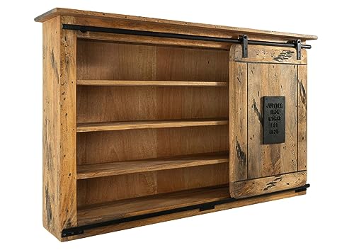 MASSIVMOEBEL24.DE | Railway Wandregal aus Massivholz #158 | aus Mangoholz - Natur, lackiert | 4 offene Fächer mit Schiebtür | mit Eisenelementen | 130x25x80 | Wandboard Schweberegal Regal